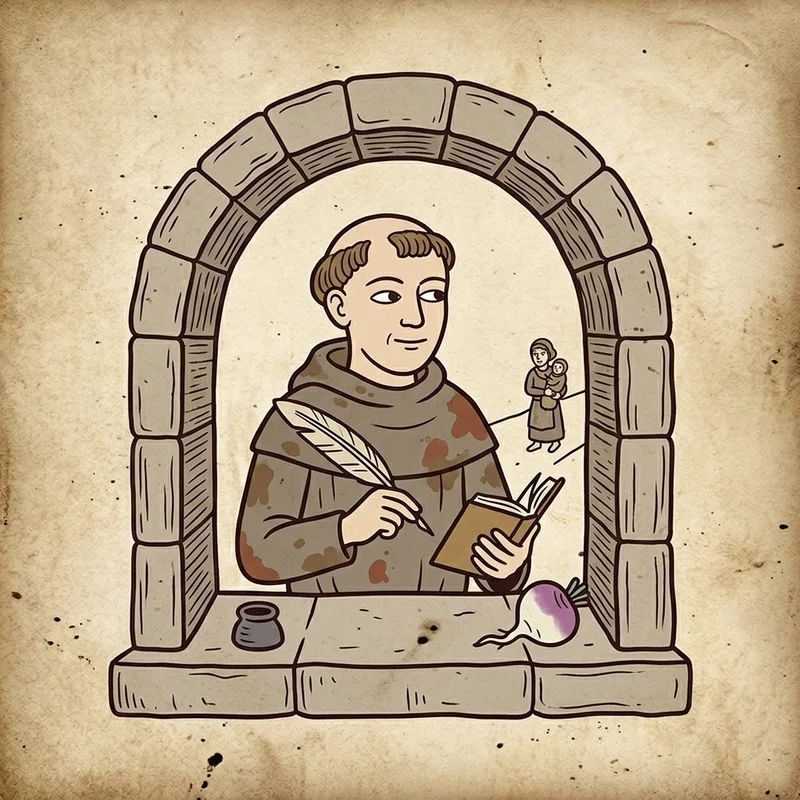 woodcut of a priest-scribe at an arched window, quill ready, a turnip on the sill as a paperweight