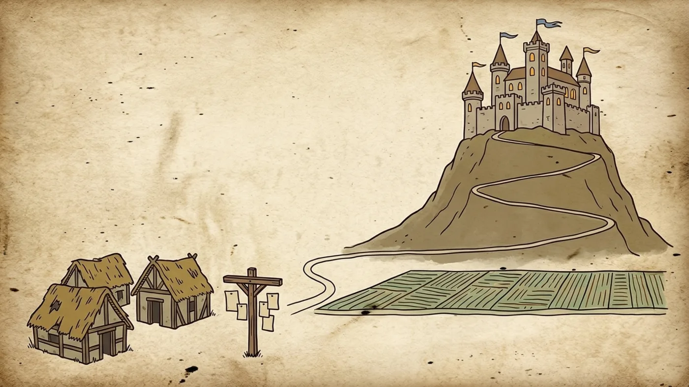 woodcut: a many-towered castle rises on a hill above a small village, its windows lit