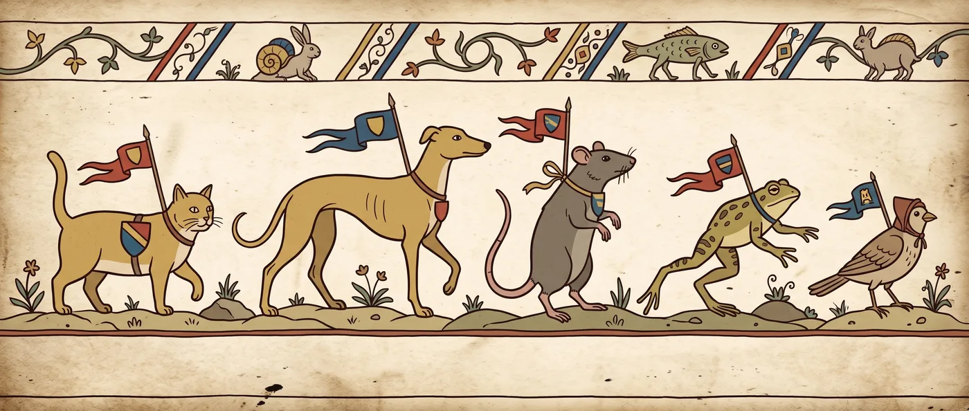 woodcut: a parade of animals drawn medieval-wrong, each with a little banner, marching proudly toward nothing