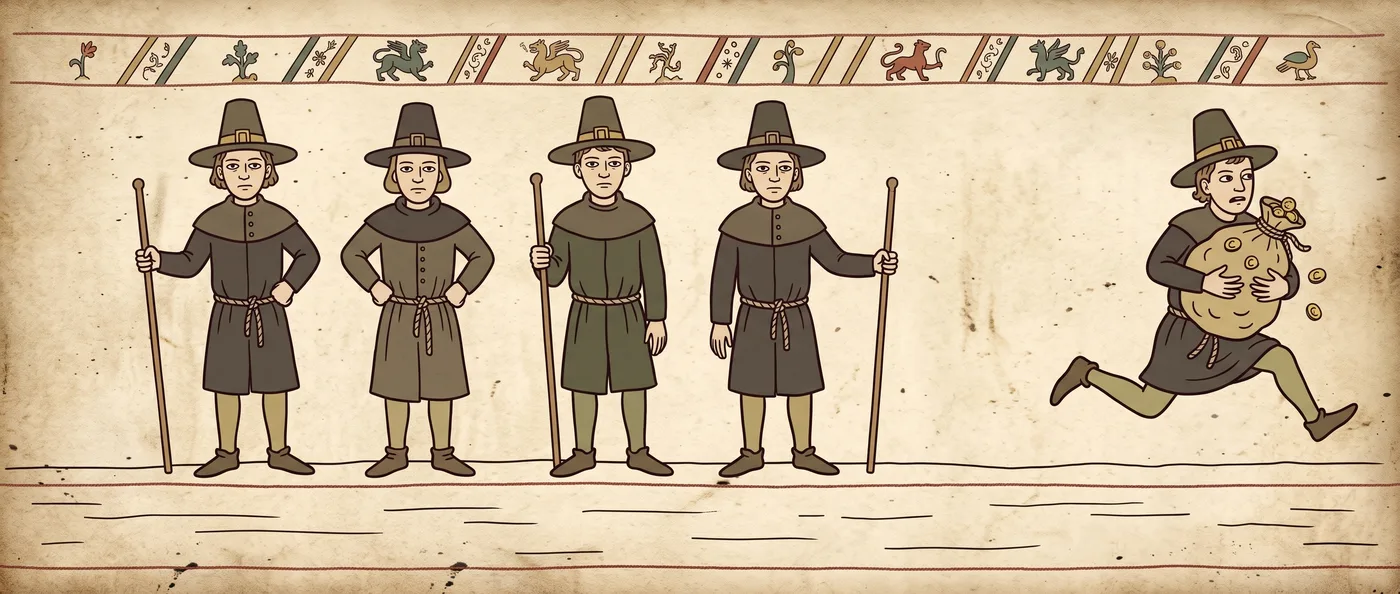 woodcut: a row of stern sheriffs; one sprints off the edge of the tapestry clutching a sack of coin
