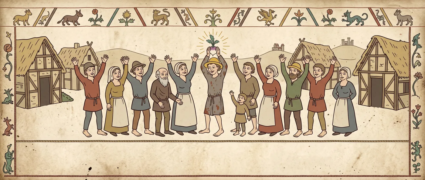 woodcut: the village raises its arms; one turnip is held aloft in golden light; the castle is ignored