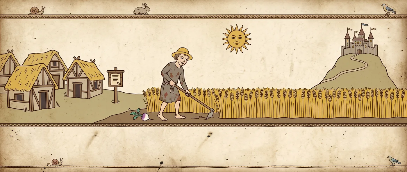 woodcut: the peasant toils in the golden field between village and castle, grinning