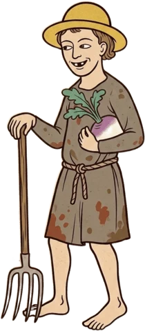 the peasant leans on his pitchfork, resting